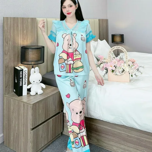Đồ bộ pijama quần dài áo tay ngắn bèo cổ ren in họa tiết