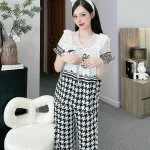 Đồ bộ pijama quần dài áo tay ngắn bèo cổ ren in họa tiết