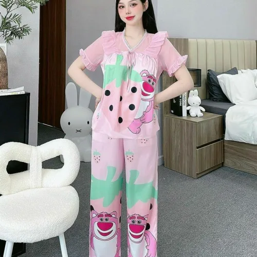 Đồ bộ pijama quần dài áo tay ngắn bèo cổ ren in họa tiết