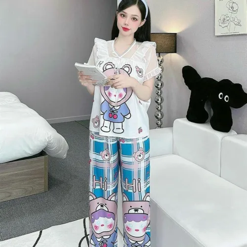 Đồ bộ pijama quần dài áo tay ngắn bèo cổ ren in họa tiết