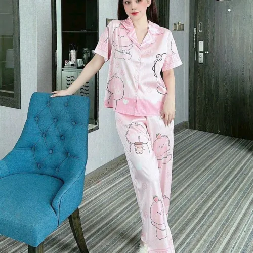 Đồ bộ pijama quần dài áo tay ngắn cổ bẻ hoạ tiết