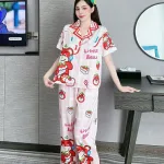 Đồ bộ pijama quần dài áo tay ngắn cổ bẻ hoạ tiết