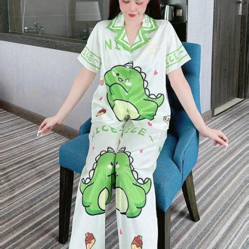 Đồ bộ pijama quần dài áo tay ngắn cổ bẻ hoạ tiết