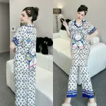 Đồ bộ pijama latin quần dài áo tay ngắn cổ bẻ in hoa tiết