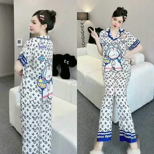Đồ bộ pijama latin quần dài áo tay ngắn cổ bẻ in hoa tiết