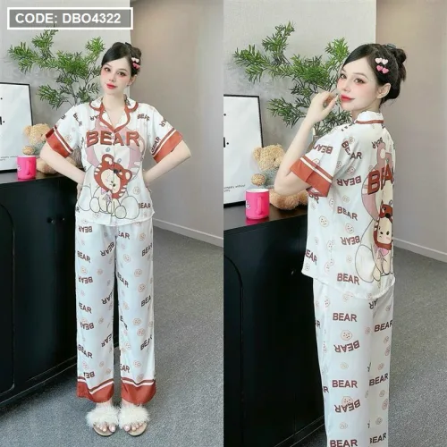 Đồ bộ pijama latin quần dài áo tay ngắn cổ bẻ in hoa tiết