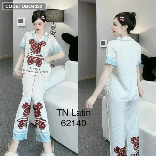 Đồ bộ pijama latin quần dài áo tay ngắn cổ bẻ in hoa tiết