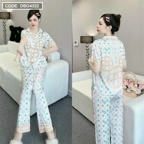 Đồ bộ pijama latin quần dài áo tay ngắn cổ bẻ in hoa tiết