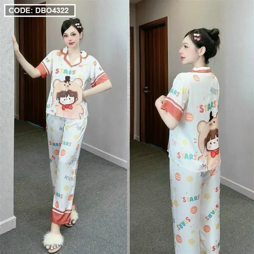 Đồ bộ pijama latin quần dài áo tay ngắn cổ bẻ in hoa tiết