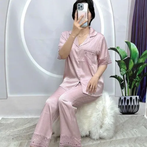 Đồ bộ pijama quần dài áo tay ngắn cổ bẻ màu trơn