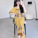 Đồ bộ pijama quần dài áo tay ngắn cổ tròn hoạ tiết