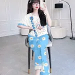 Đồ bộ pijama quần dài áo tay ngắn cổ tròn hoạ tiết