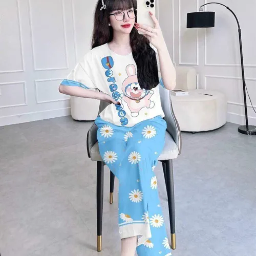 Đồ bộ pijama quần dài áo tay ngắn cổ tròn hoạ tiết
