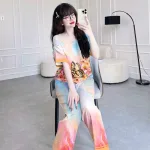 Đồ bộ pijama quần dài áo tay ngắn cổ tròn hoạ tiết