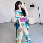 Đồ bộ pijama quần dài áo tay ngắn cổ tròn hoạ tiết