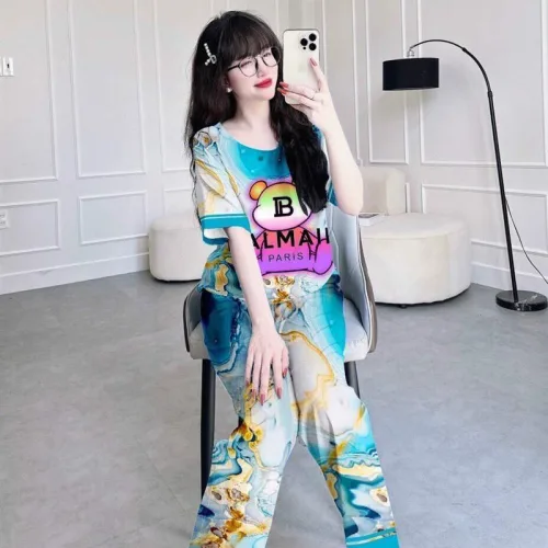 Đồ bộ pijama quần dài áo tay ngắn cổ tròn hoạ tiết