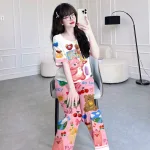 Đồ bộ pijama quần dài áo tay ngắn cổ tròn hoạ tiết