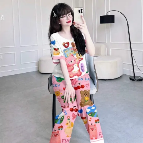 Đồ bộ pijama quần dài áo tay ngắn cổ tròn hoạ tiết