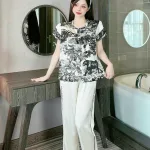 Đồ bộ pijama quần dài áo tay ngắn cổ tròn viền nhún in hoạ tiết