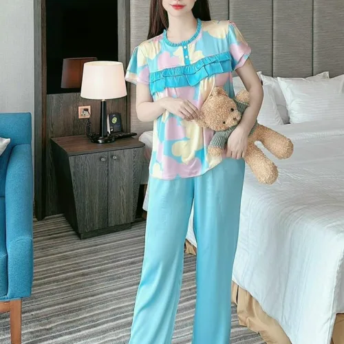 Đồ bộ pijama quần dài áo tay ngắn cổ tròn viền nhún in hoạ tiết