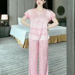 Đồ bộ pijama quần dài áo tay ngắn cổ tròn viền nhún in hoạ tiết