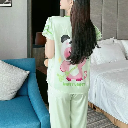 Đồ bộ pijama quần dài áo tay ngắn cổ tròn viền nhún in hoạ tiết