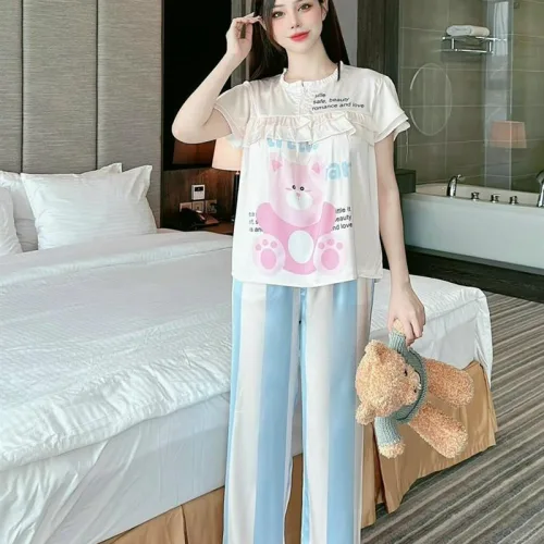 Đồ bộ pijama quần dài áo tay ngắn cổ tròn viền nhún in hoạ tiết