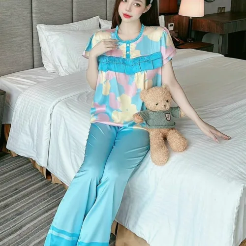Đồ bộ pijama quần dài áo tay ngắn cổ tròn viền nhún in hoạ tiết