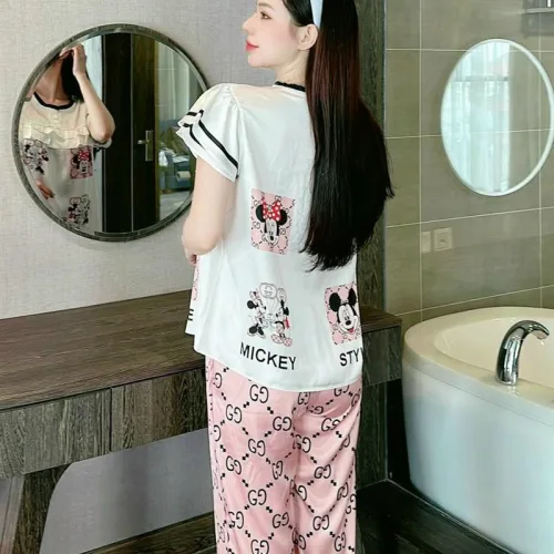 Đồ bộ pijama quần dài áo tay ngắn cổ tròn viền nhún in hoạ tiết