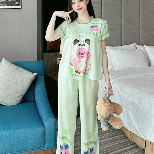 Đồ bộ pijama quần dài áo tay ngắn cổ tròn viền nhún in hoạ tiết