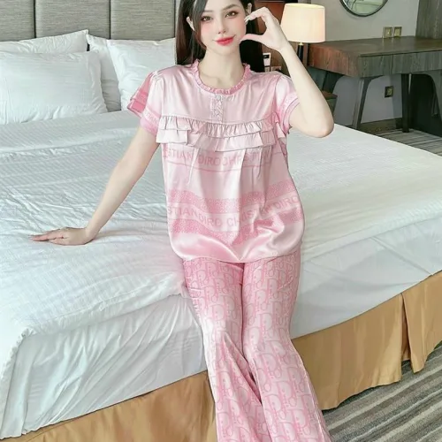 Đồ bộ pijama quần dài áo tay ngắn cổ tròn viền nhún in hoạ tiết