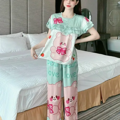 Đồ bộ pijama quần dài áo tay ngắn cổ tròn viền nhún in hoạ tiết