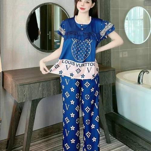 Đồ bộ pijama quần dài áo tay ngắn cổ tròn viền nhún in hoạ tiết