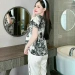Đồ bộ pijama quần dài áo tay ngắn cổ tròn viền nhún in hoạ tiết