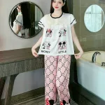 Đồ bộ pijama quần dài áo tay ngắn cổ tròn viền nhún in hoạ tiết