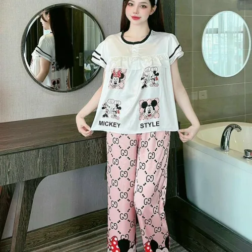 Đồ bộ pijama quần dài áo tay ngắn cổ tròn viền nhún in hoạ tiết