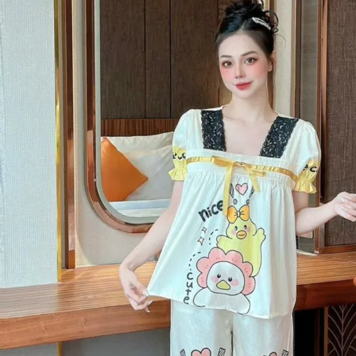 Đồ bộ pijama quần dài áo tay ngắn cổ vuông ren in họa tiết