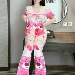Đồ bộ pijama quần dài áo tay ngắn cổ vuông ren in họa tiết