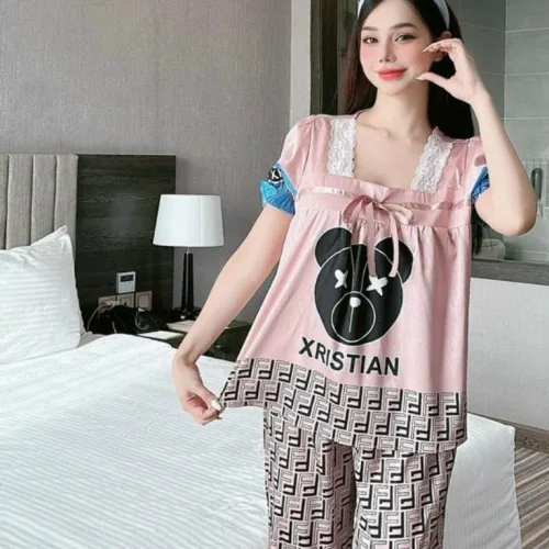 Đồ bộ pijama quần dài áo tay ngắn cổ vuông ren in họa tiết