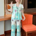 Đồ bộ pijama quần dài áo tay ngắn cổ vuông ren in họa tiết