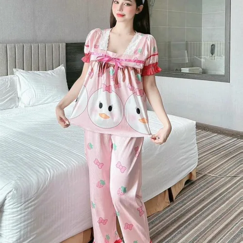 Đồ bộ pijama quần dài áo tay ngắn cổ vuông ren in họa tiết