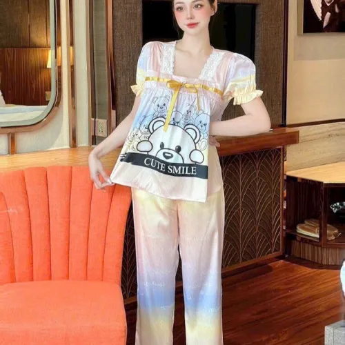 Đồ bộ pijama quần dài áo tay ngắn phồng cổ vuông họa tiết