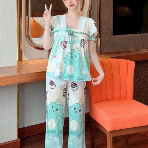 Đồ bộ pijama quần dài áo tay ngắn phồng cổ vuông họa tiết
