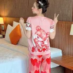 Đồ bộ pijama quần dài áo tay ngắn phồng cổ vuông họa tiết