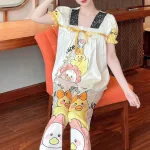Đồ bộ pijama quần dài áo tay ngắn phồng cổ vuông họa tiết