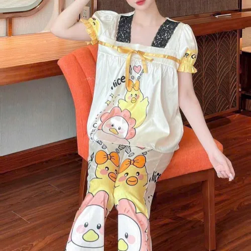 Đồ bộ pijama quần dài áo tay ngắn phồng cổ vuông họa tiết