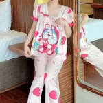 Đồ bộ pijama quần dài áo tay ngắn phồng cổ vuông họa tiết