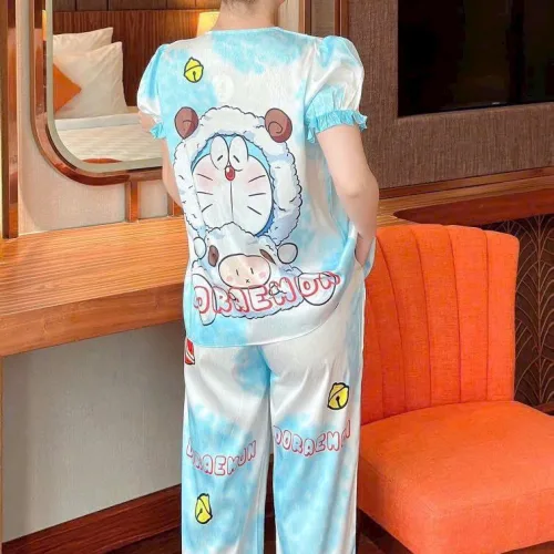 Đồ bộ pijama quần dài áo tay ngắn phồng cổ vuông họa tiết