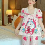 Đồ bộ pijama quần dài áo tay ngắn phồng cổ vuông ren in họa tiết