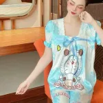 Đồ bộ pijama quần dài áo tay ngắn phồng cổ vuông ren in họa tiết
